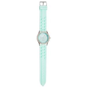 Mint Green and Silver Watch Circle Rhinestone Encrusted Face with Silicone Band